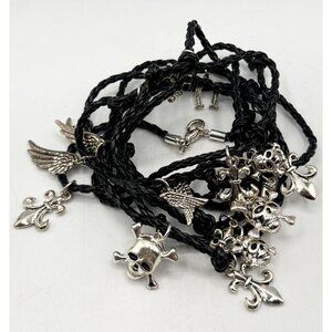 Black braided leatherette skull wings fleur de lis charm wrap bracelet
